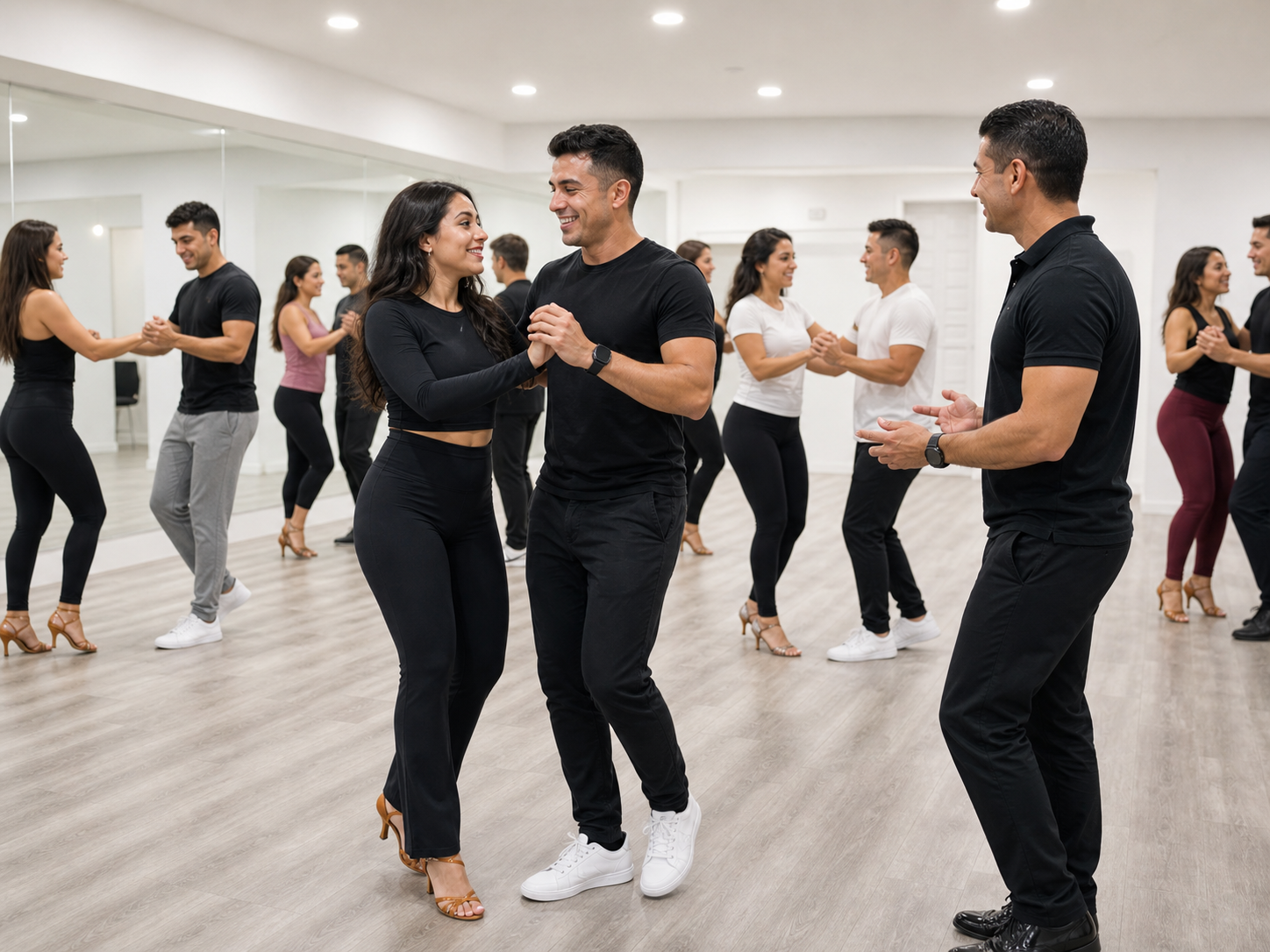 Adults learning Latin dance in a bright white studio class.