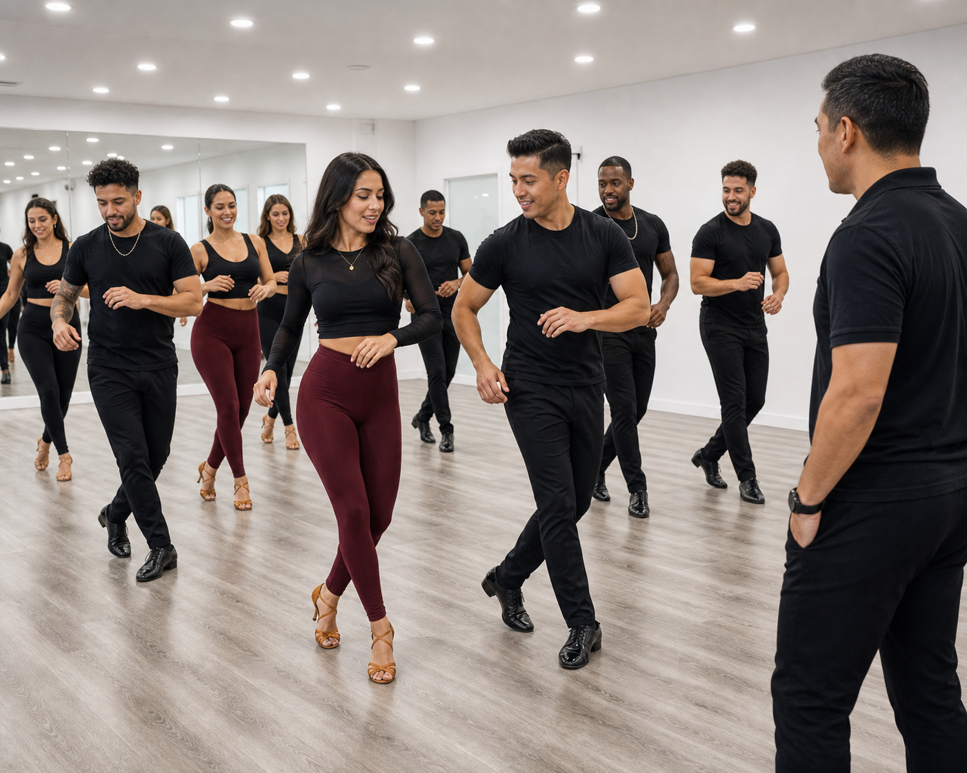 Salsa academy dancers rehearsing in formation in a bright white studio.