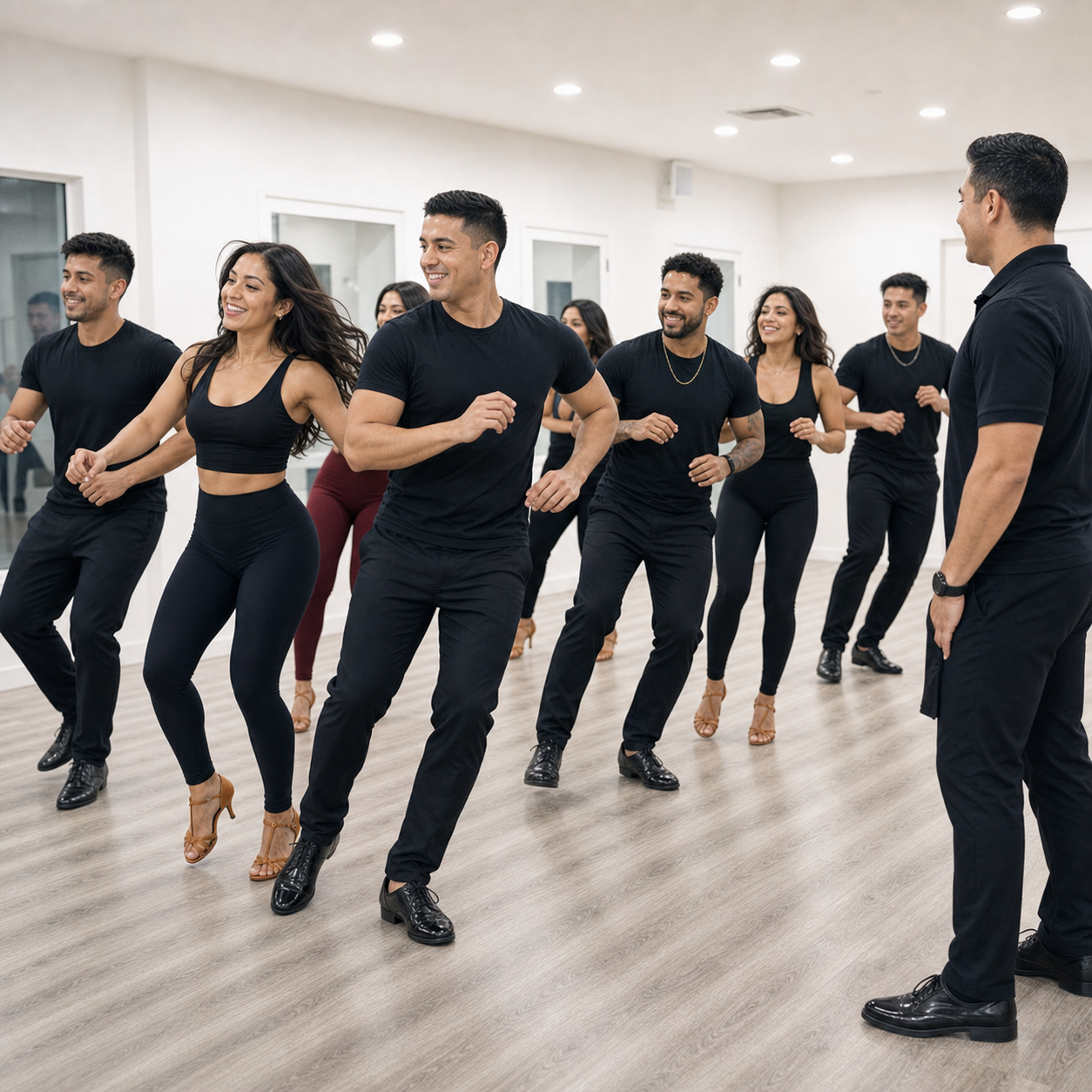 Academy dancers training together in the studio.