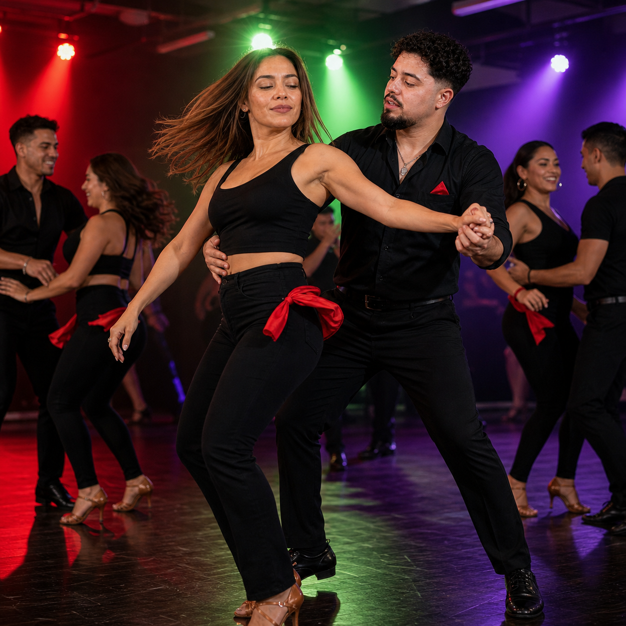 Latin dancers rehearsing under red, green, and violet lights.