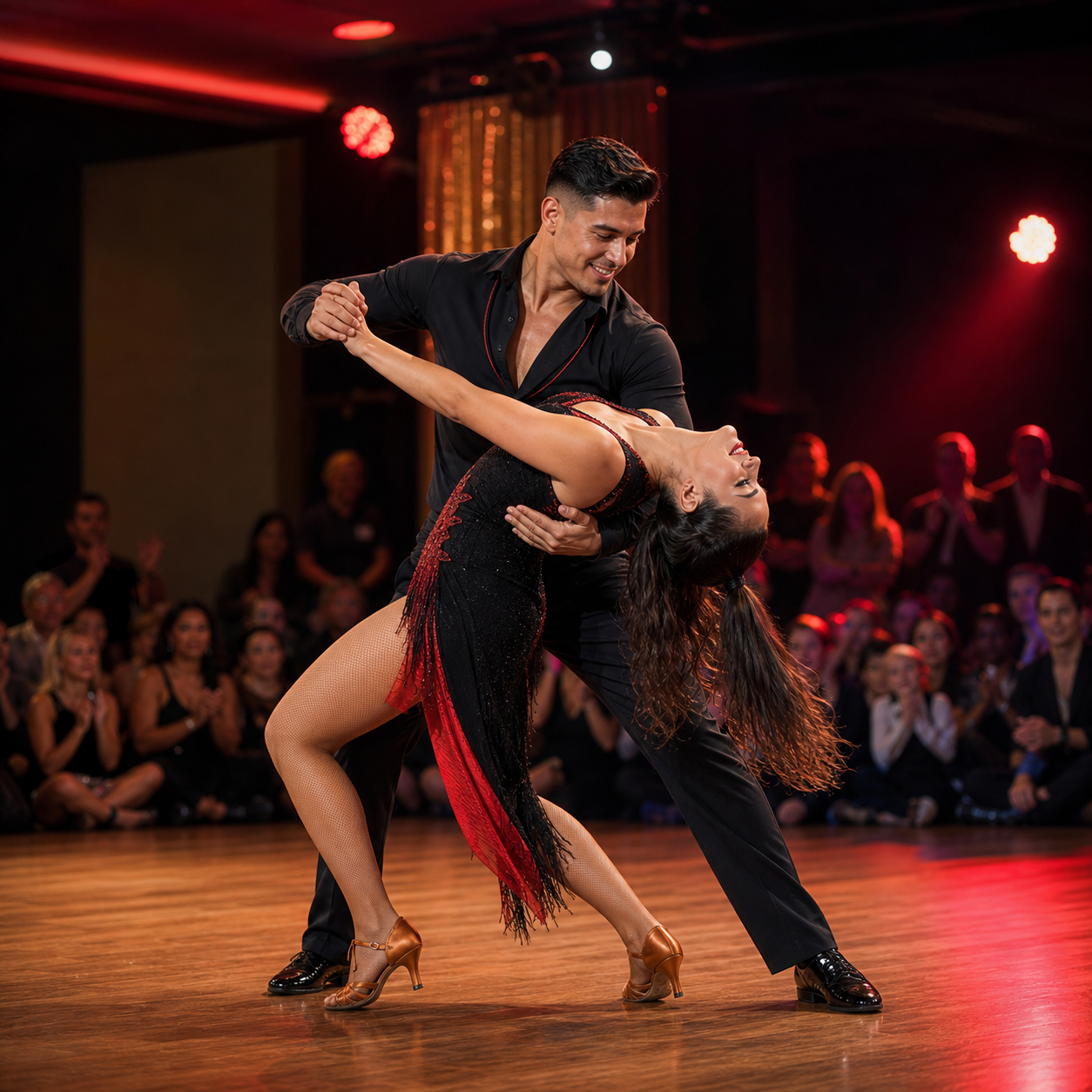 A Latin dance couple performing under warm event lights.