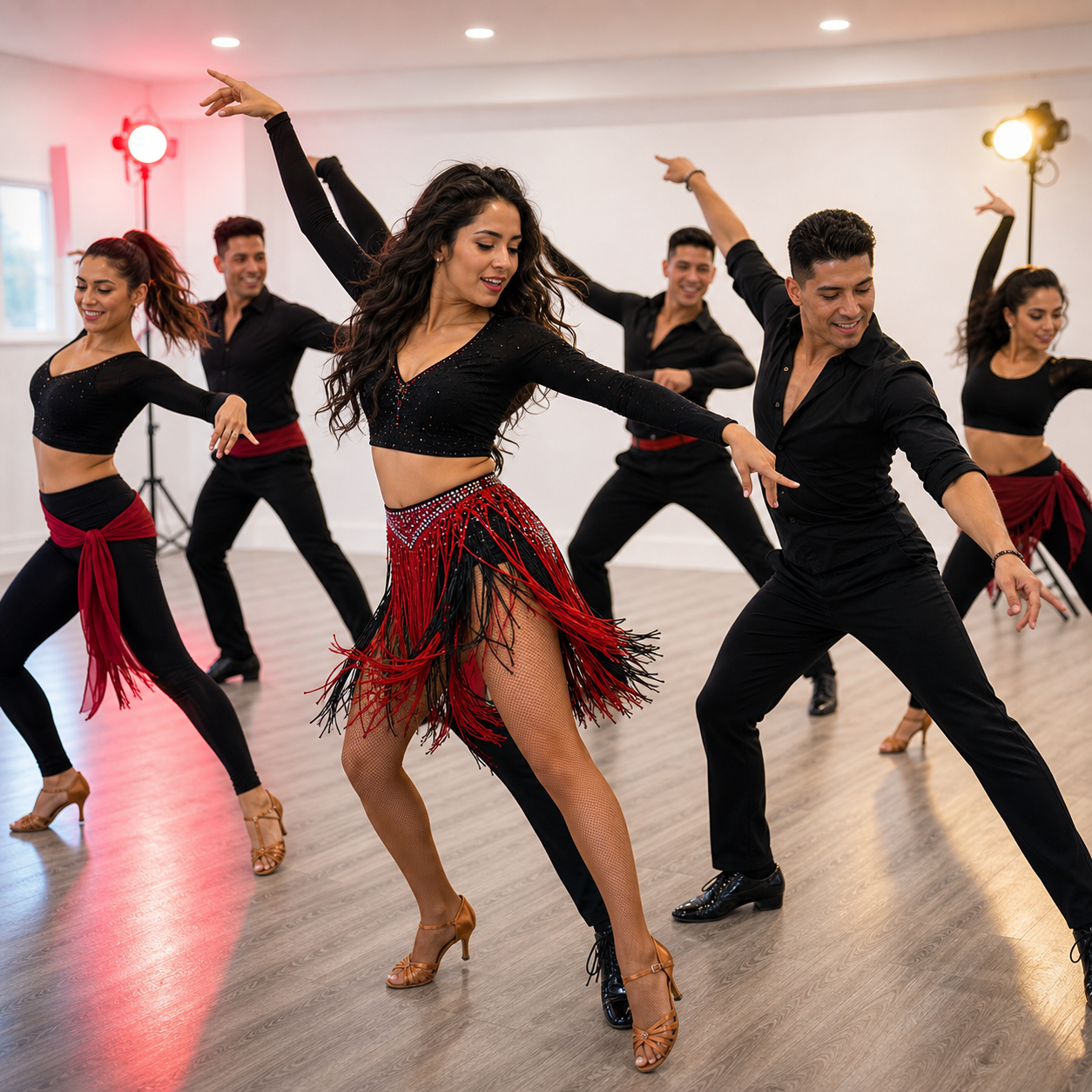 Performance team rehearsing with red and gold studio lights.
