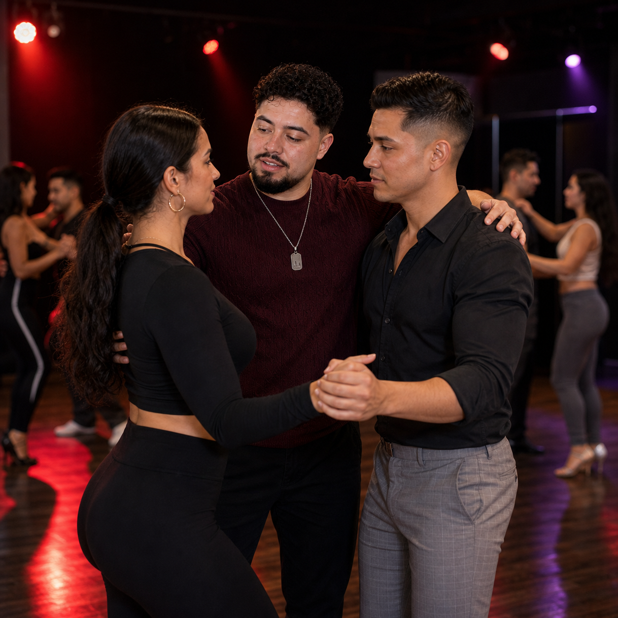 Junior coaching Bachata frame under colorful studio lights.