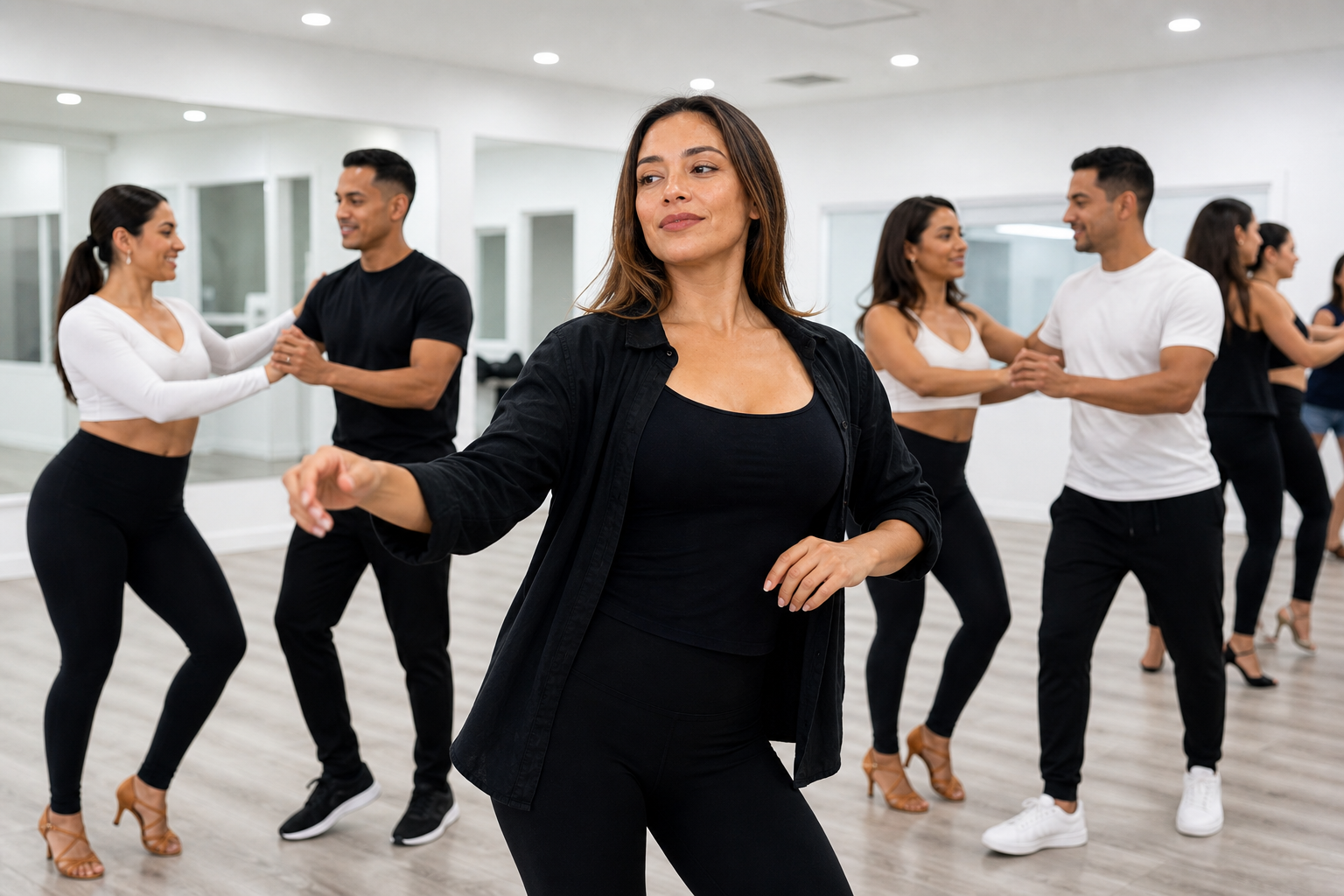Camila leading Salsa students through footwork in a bright white studio.