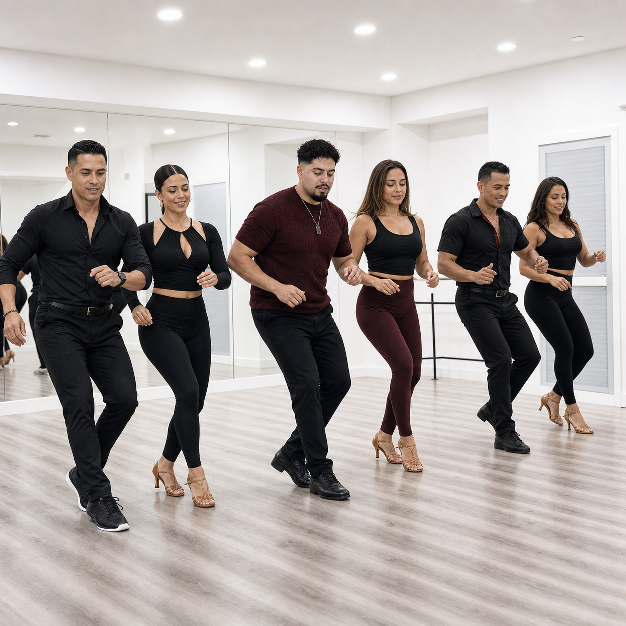 Academy dancers drilling footwork in a bright studio.